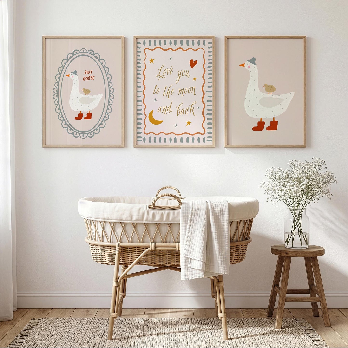 Silly Goose Nursery Wall Art Set of 3, Love You to the Moon and Back Baby Room Prints, Neutral Nursery Decor
