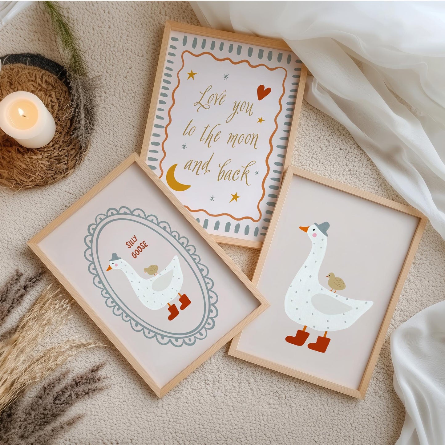 Silly Goose Nursery Wall Art Set of 3, Love You to the Moon and Back Baby Room Prints, Neutral Nursery Decor