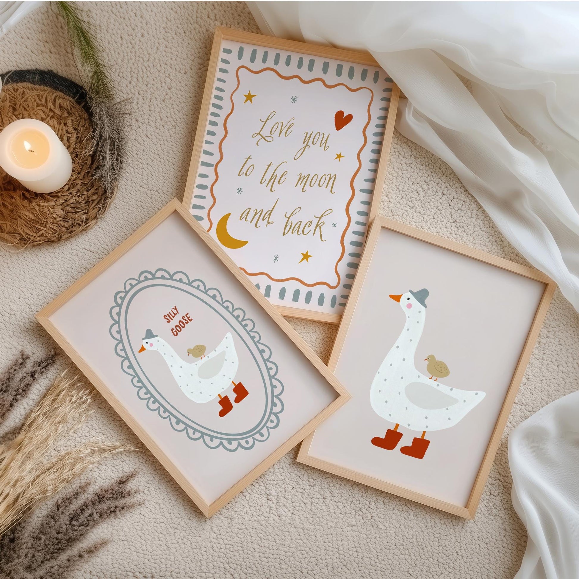 Silly Goose Nursery Wall Art Set of 3, Love You to the Moon and Back Baby Room Prints, Neutral Nursery Decor