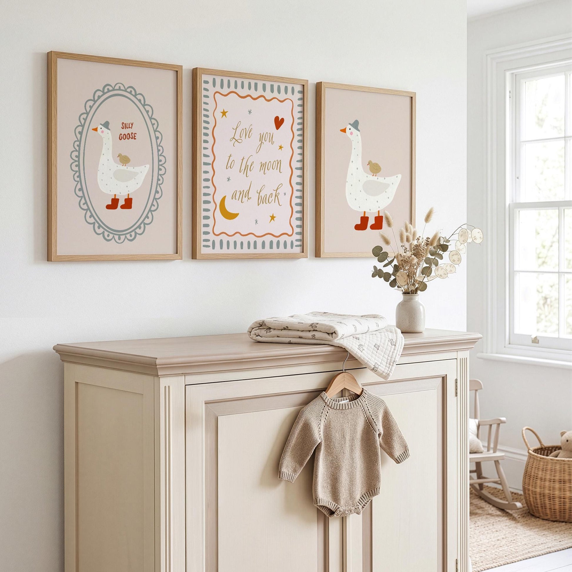 Silly Goose Nursery Wall Art Set of 3, Love You to the Moon and Back Baby Room Prints, Neutral Nursery Decor