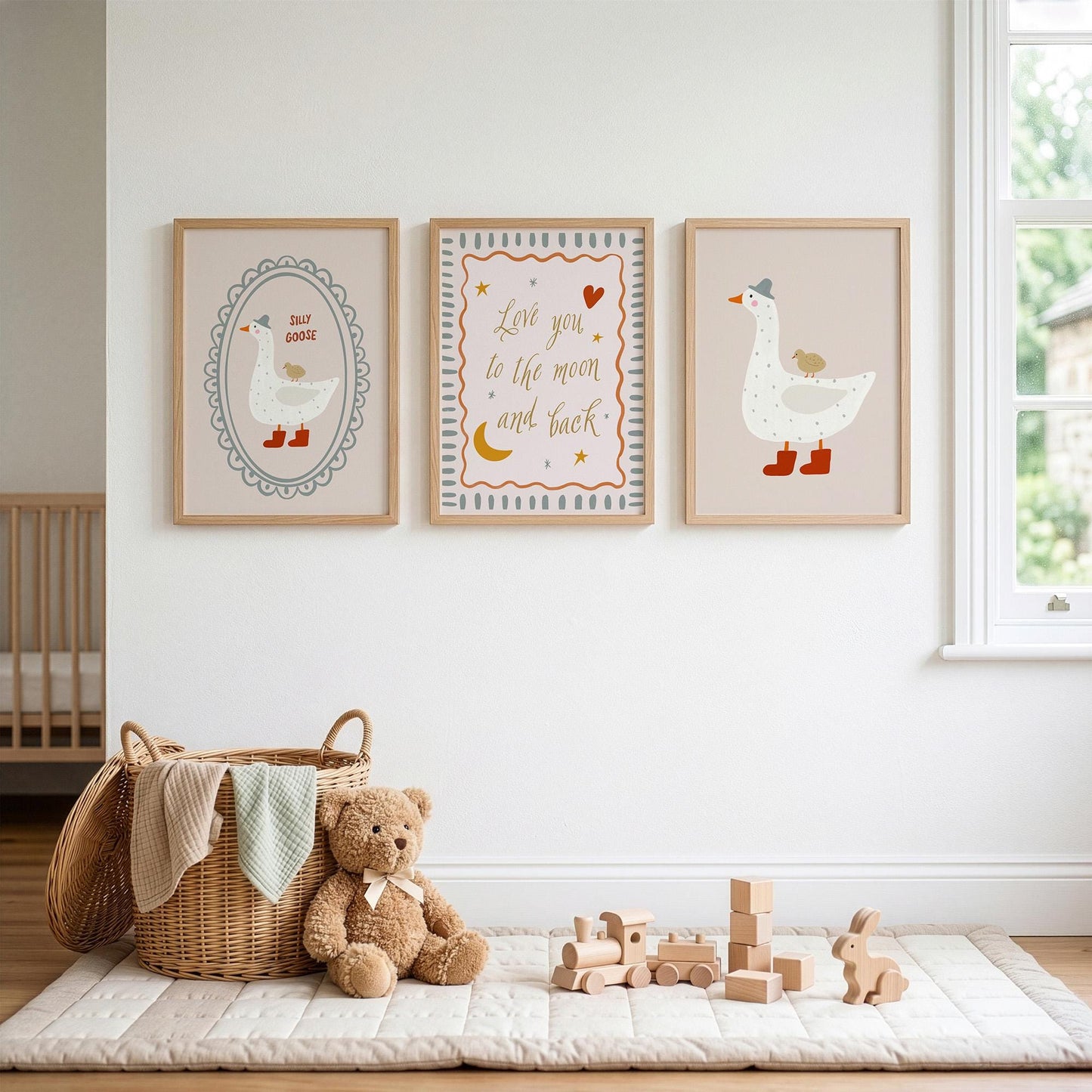 Silly Goose Nursery Wall Art Set of 3, Love You to the Moon and Back Baby Room Prints, Neutral Nursery Decor