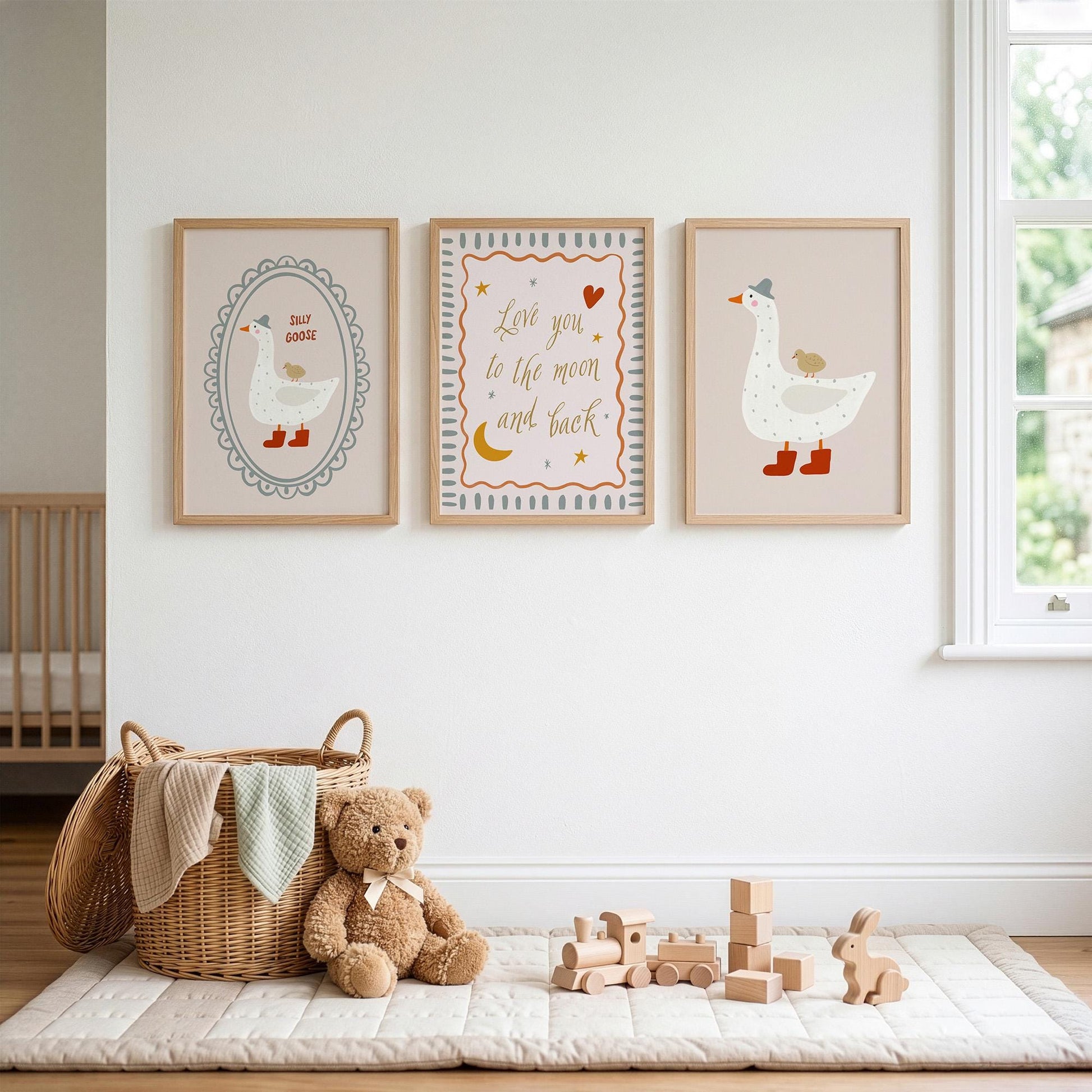 Silly Goose Nursery Wall Art Set of 3, Love You to the Moon and Back Baby Room Prints, Neutral Nursery Decor
