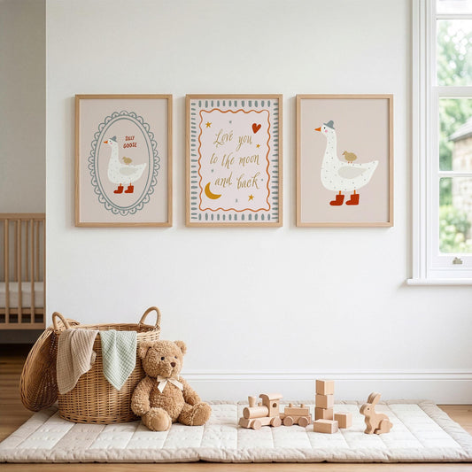 Silly Goose Nursery Wall Art Set of 3, Love You to the Moon and Back Baby Room Prints, Neutral Nursery Decor