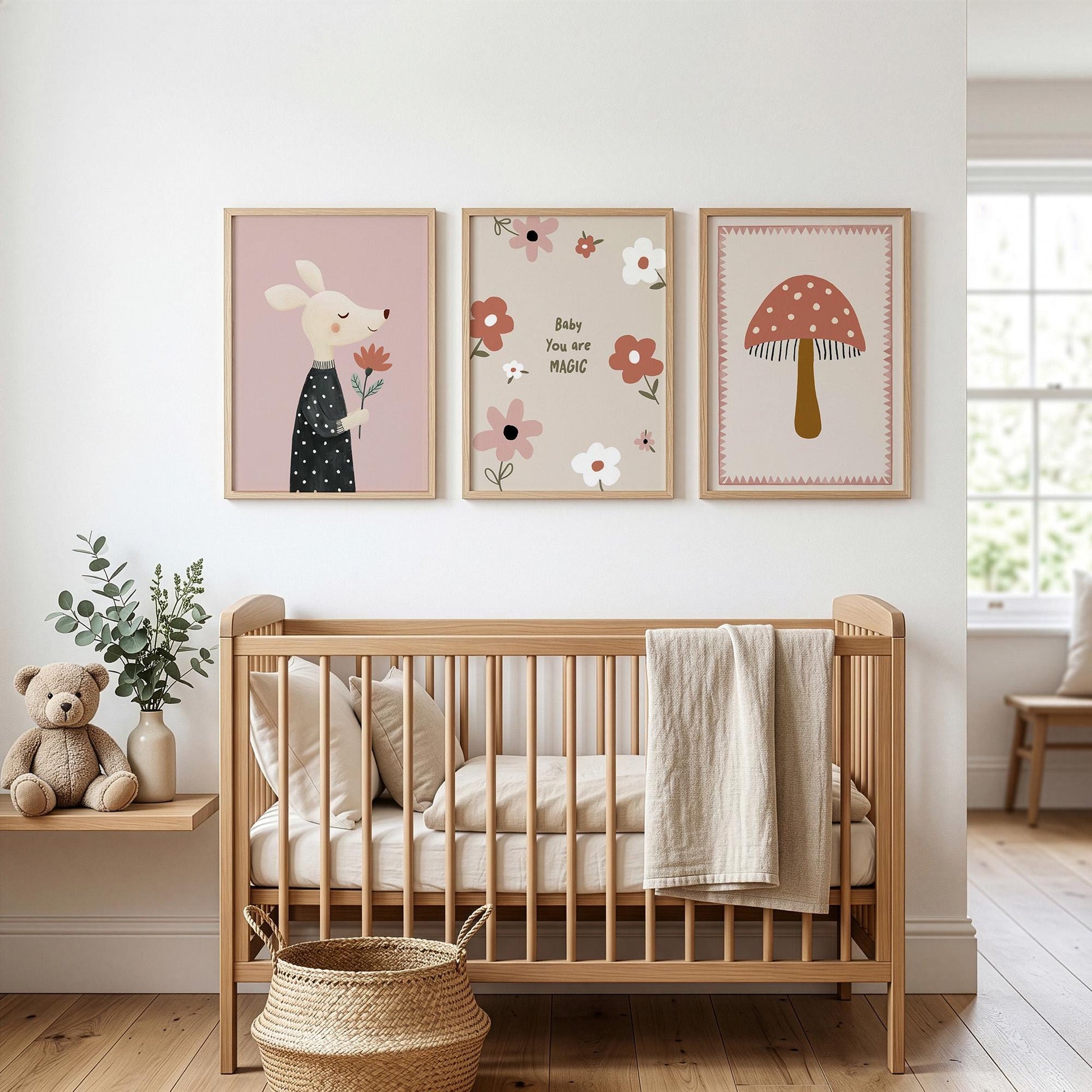 You Are Magic Nursery Wall Art Set of 3, Baby Girl Nursery Decor, Mushroom & Mouse Prints