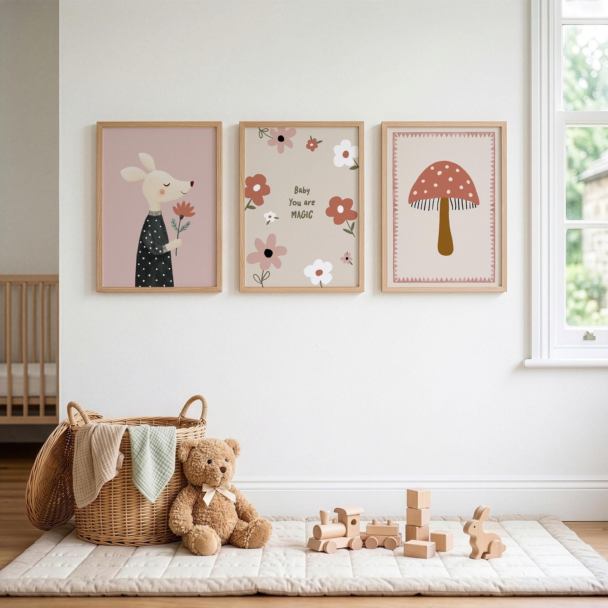 You Are Magic Nursery Wall Art Set of 3, Baby Girl Nursery Decor, Mushroom & Mouse Prints
