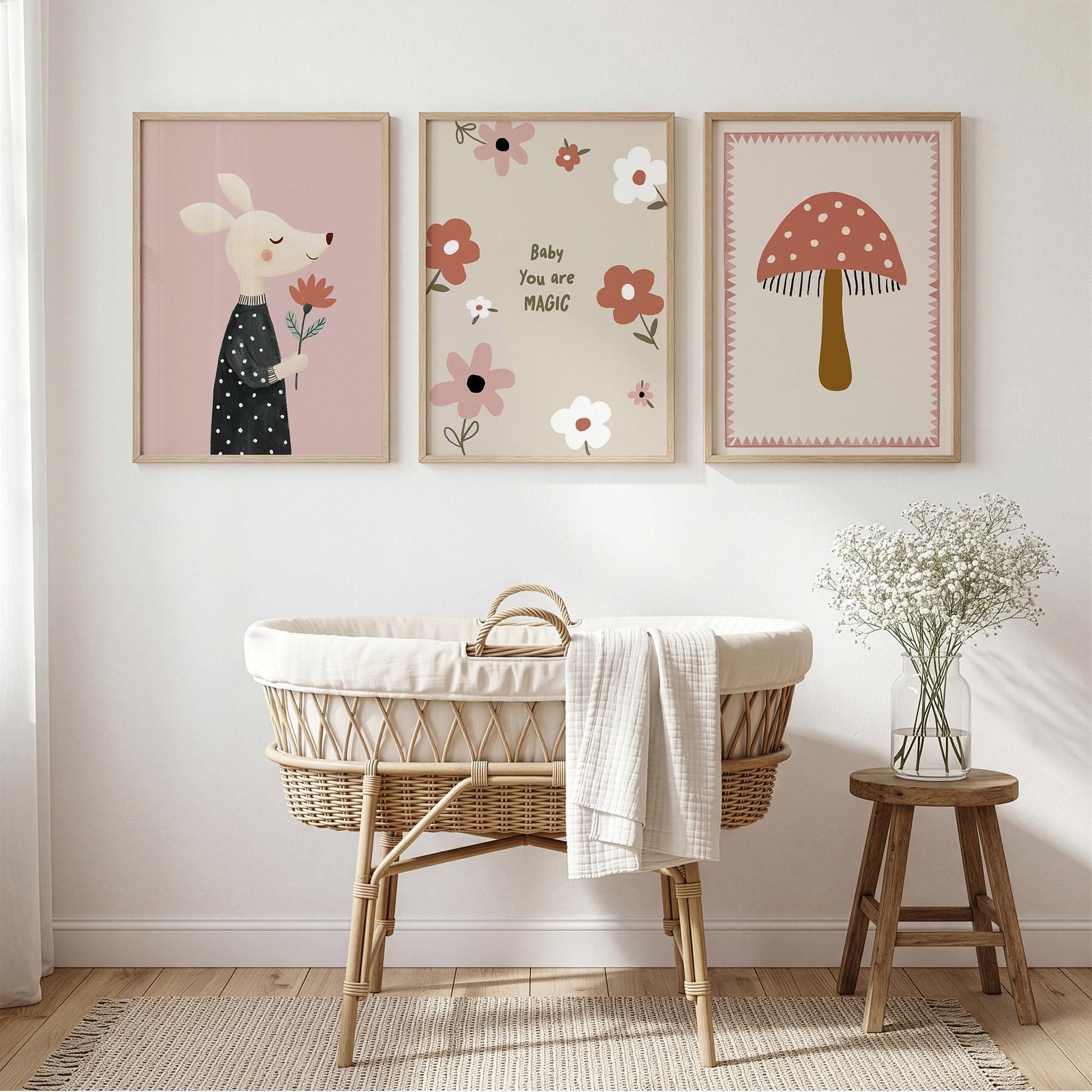 You Are Magic Nursery Wall Art Set of 3, Baby Girl Nursery Decor, Mushroom & Mouse Prints