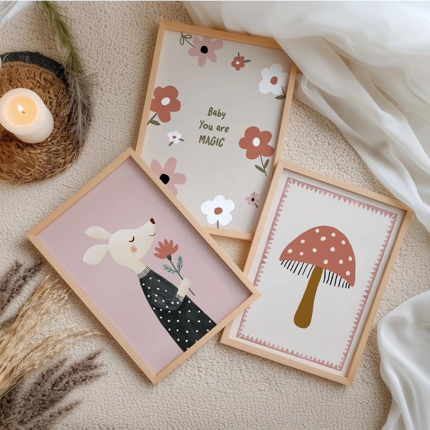 You Are Magic Nursery Wall Art Set of 3, Baby Girl Nursery Decor, Mushroom & Mouse Prints