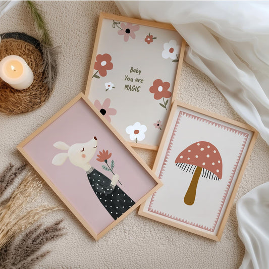 You Are Magic Nursery Wall Art Set of 3, Baby Girl Nursery Decor, Mushroom & Mouse Prints