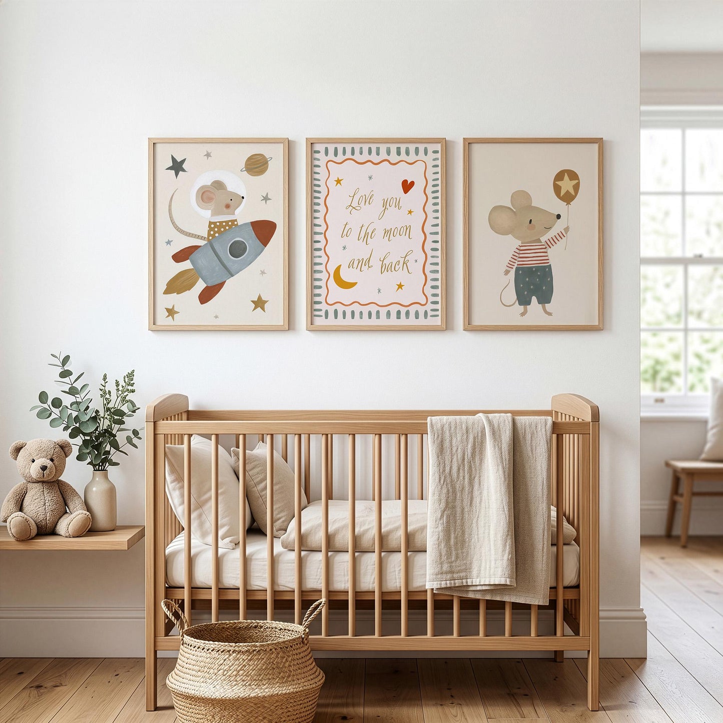 Space Mouse Nursery Wall Art Set of 3, Love You to the Moon and Back Neutral Nursery Prints