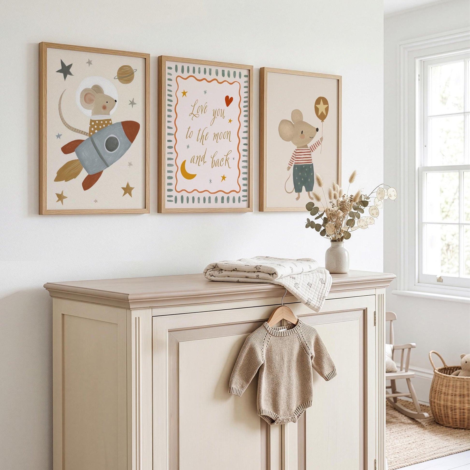 Space Mouse Nursery Wall Art Set of 3, Love You to the Moon and Back Neutral Nursery Prints