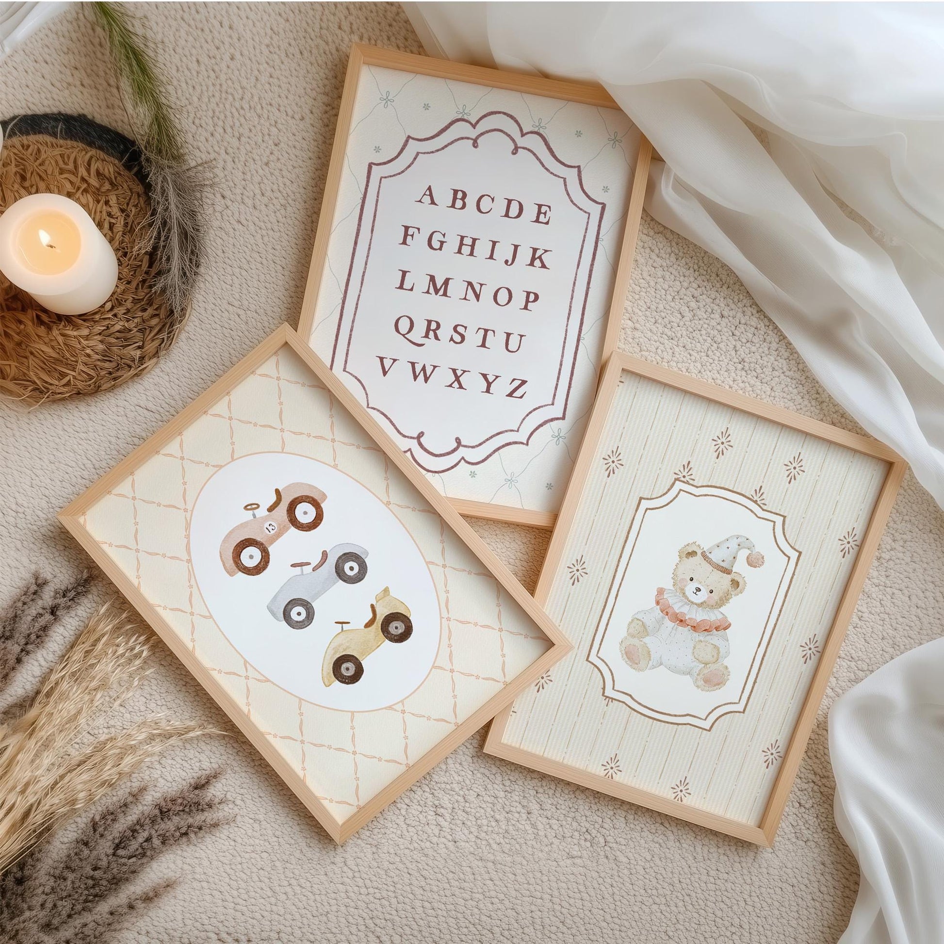 Vintage Alphabet Neutral Nursery Prints Set of 3, Baby Boy's Car Wall Art