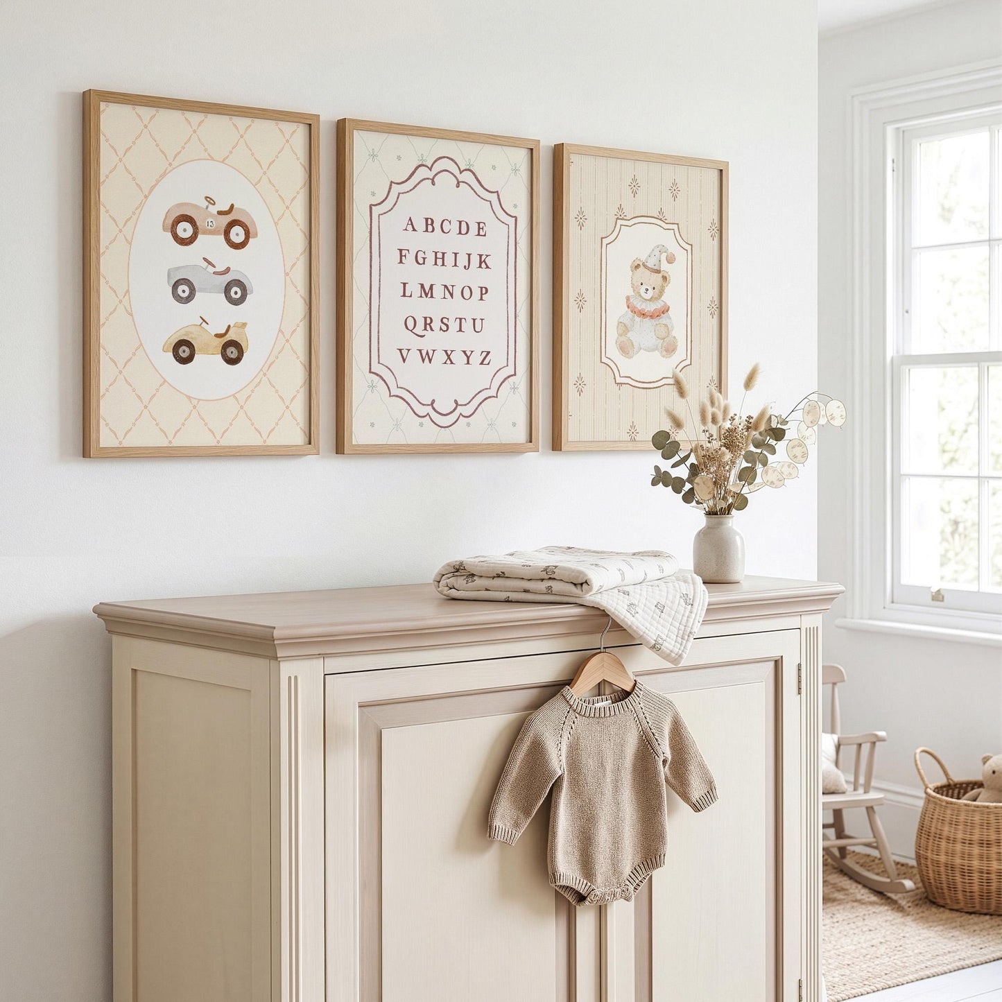 Vintage Alphabet Neutral Nursery Prints Set of 3, Baby Boy's Car Wall Art