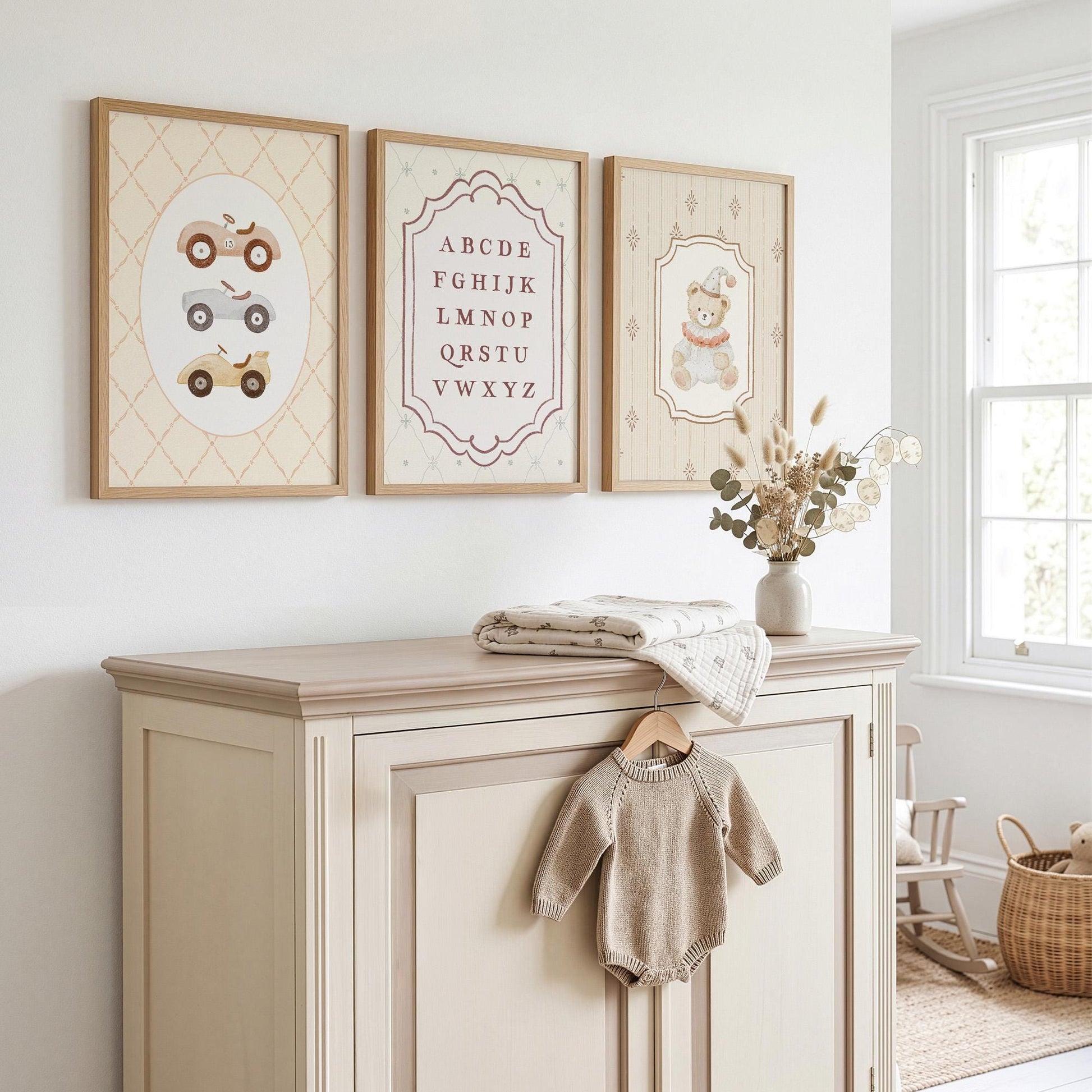 Vintage Alphabet Neutral Nursery Prints Set of 3, Baby Boy's Car Wall Art