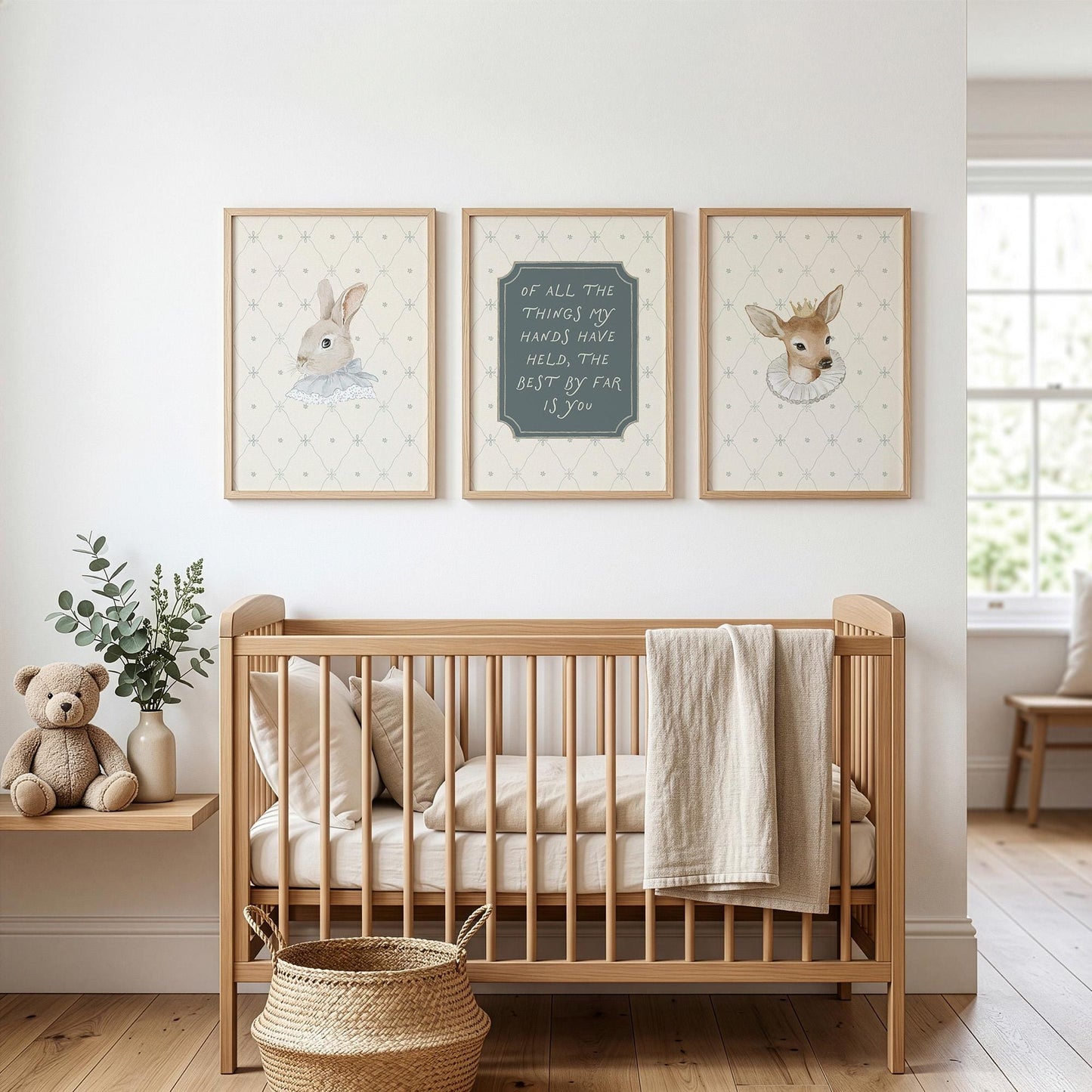 Classic Storybook Vintage Nursery Wall Art Set of 3, Rabbit Deer Blue Baby Room Prints