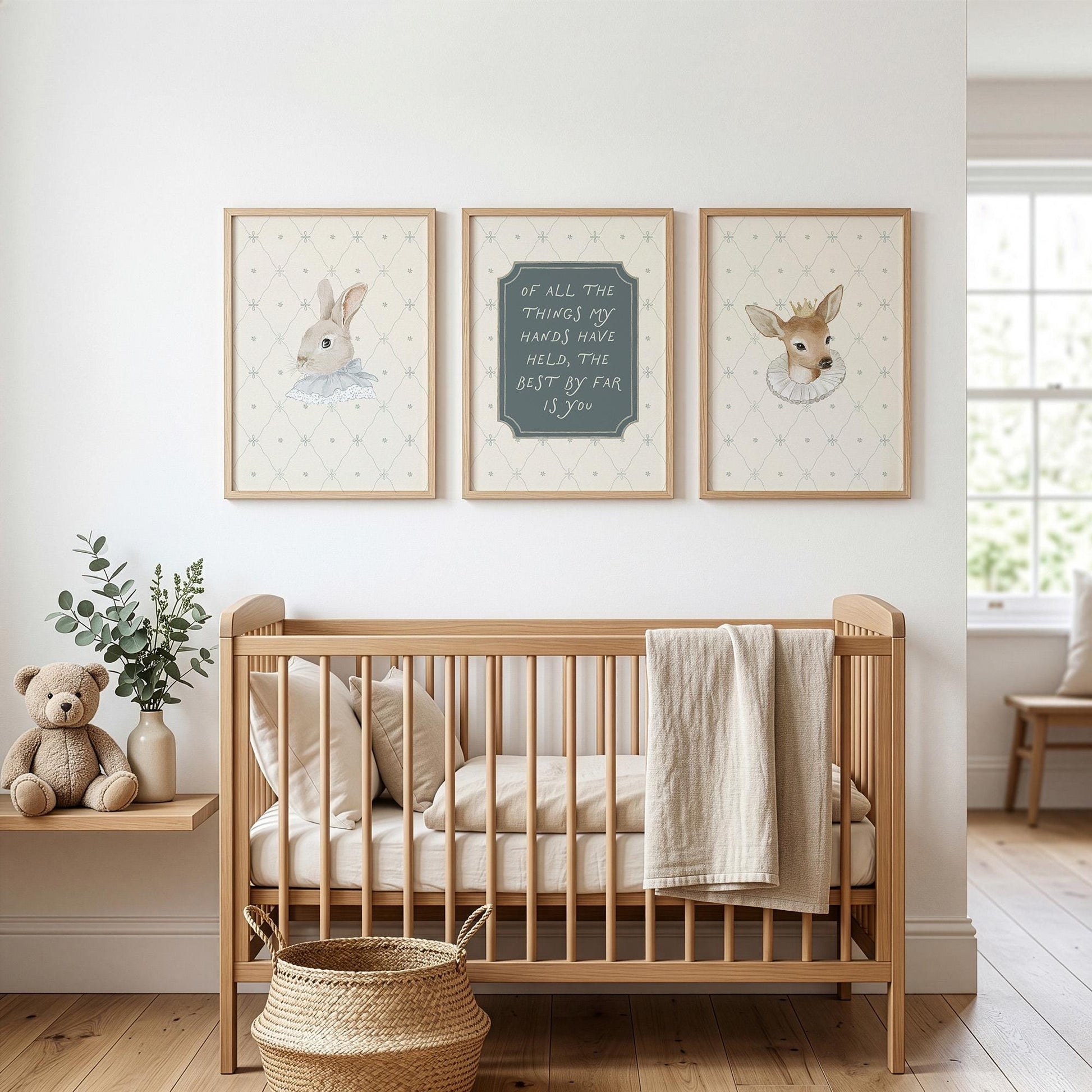 Classic Storybook Vintage Nursery Wall Art Set of 3, Rabbit Deer Blue Baby Room Prints