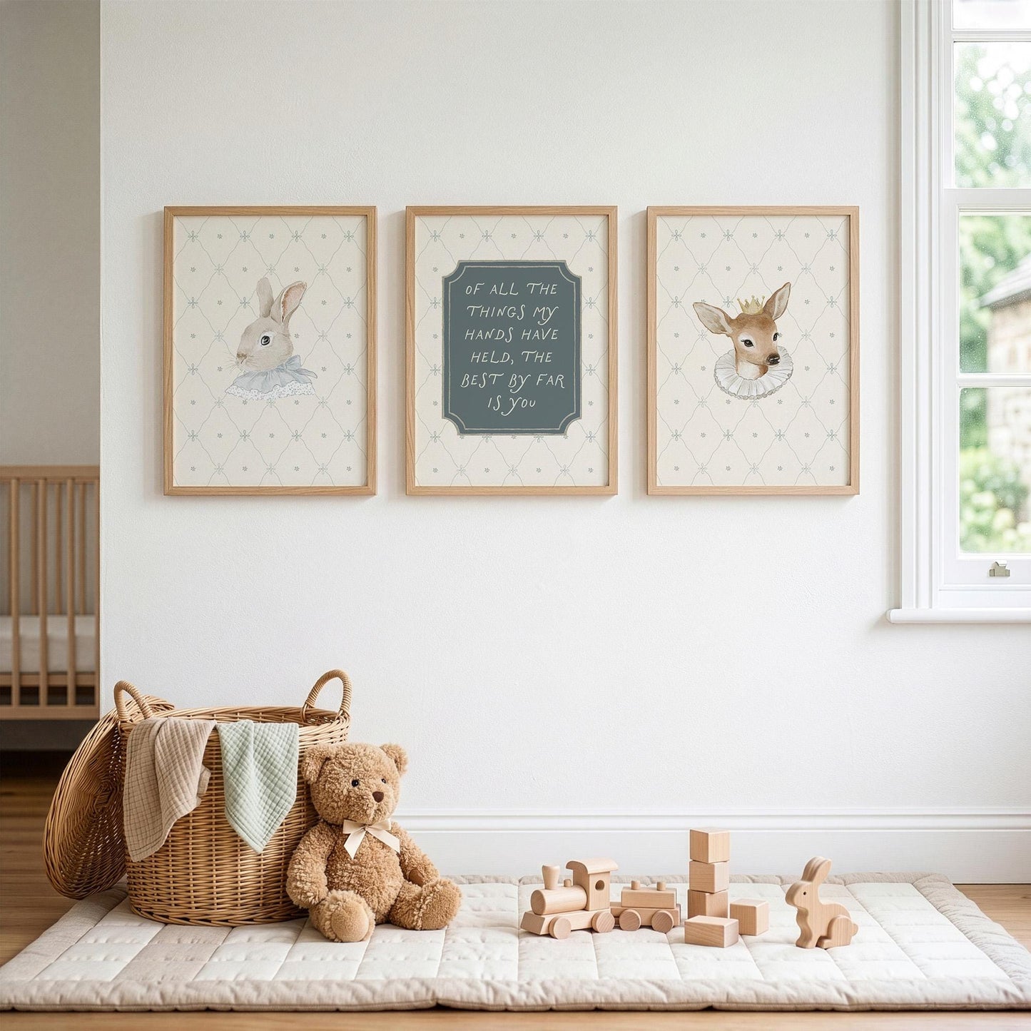 Classic Storybook Vintage Nursery Wall Art Set of 3, Rabbit Deer Blue Baby Room Prints