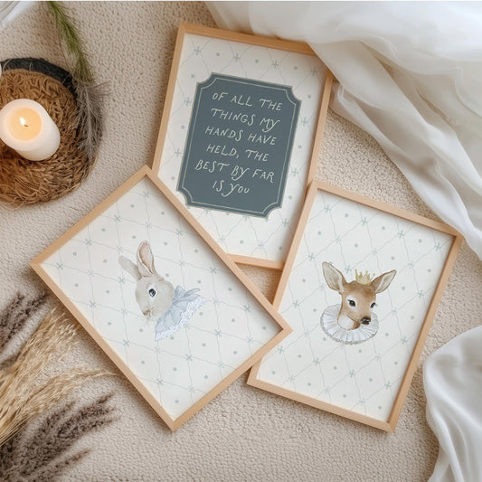 Classic Storybook Vintage Nursery Wall Art Set of 3, Rabbit Deer Blue Baby Room Prints