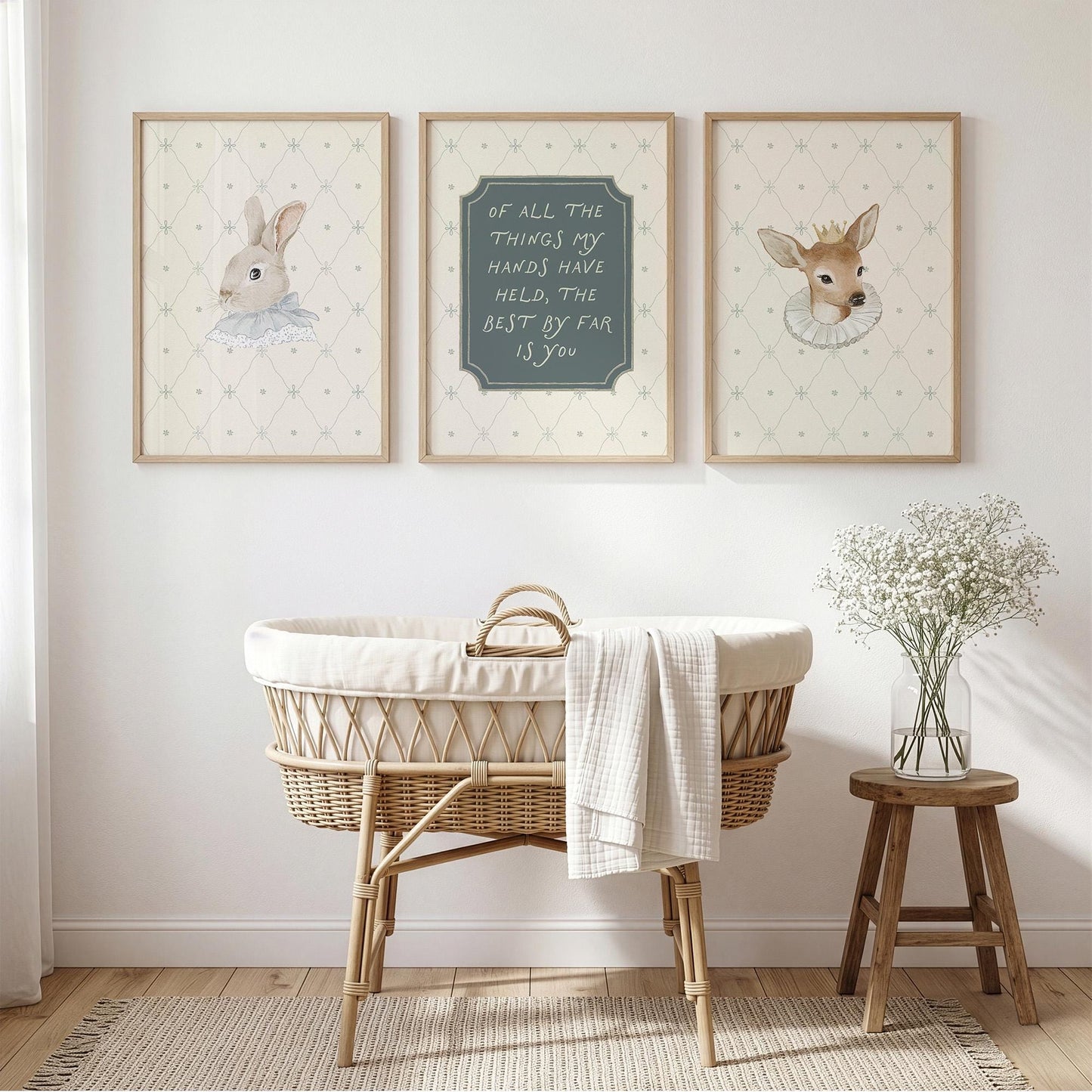 Classic Storybook Vintage Nursery Wall Art Set of 3, Rabbit Deer Blue Baby Room Prints