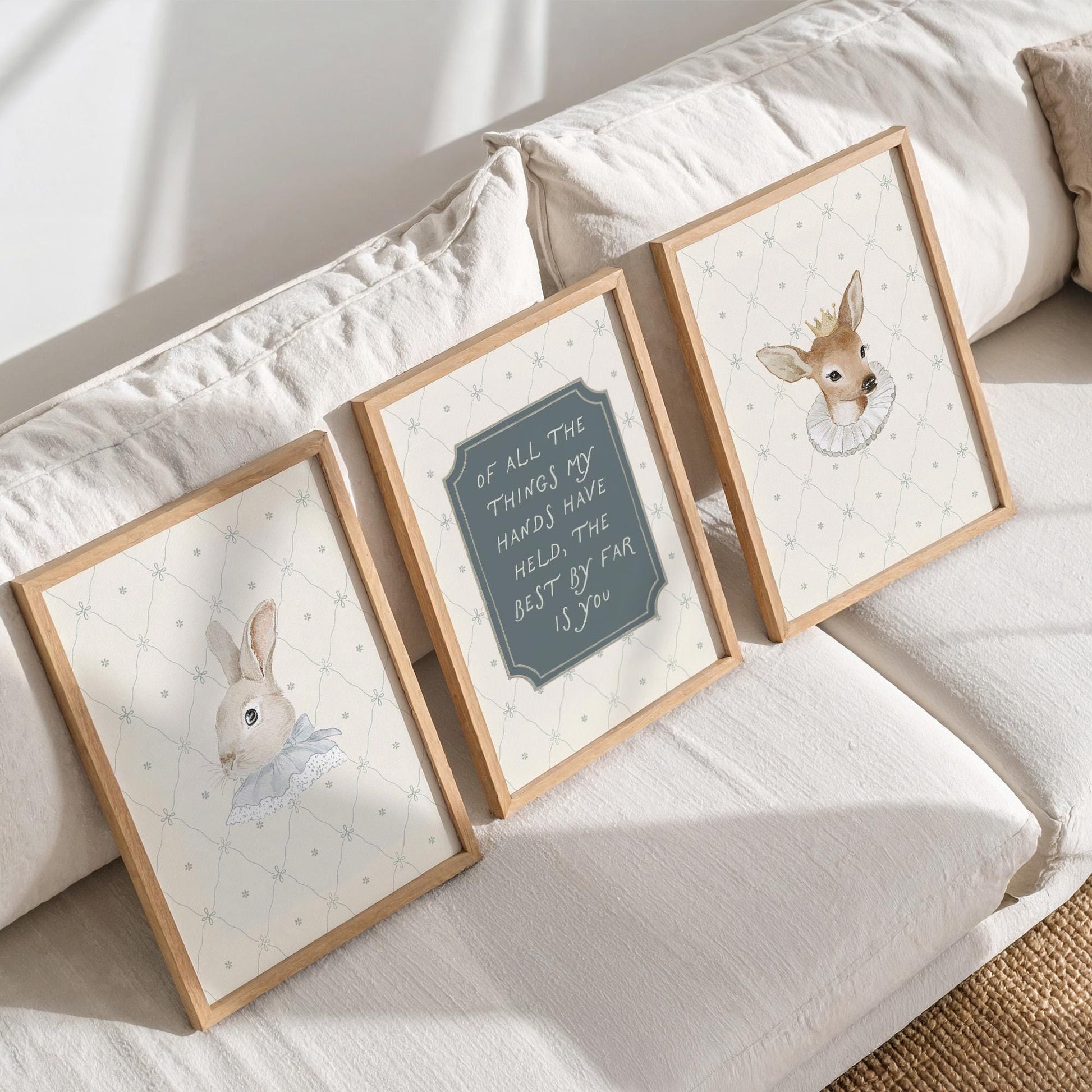 Classic Storybook Vintage Nursery Wall Art Set of 3, Rabbit Deer Blue Baby Room Prints