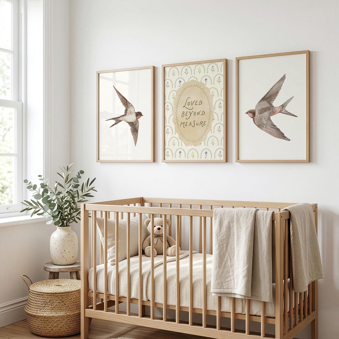 Vintage Bird Nursery Prints, Set of 3, Swallow Loved Beyond Measure Nursery Quote Wall Art
