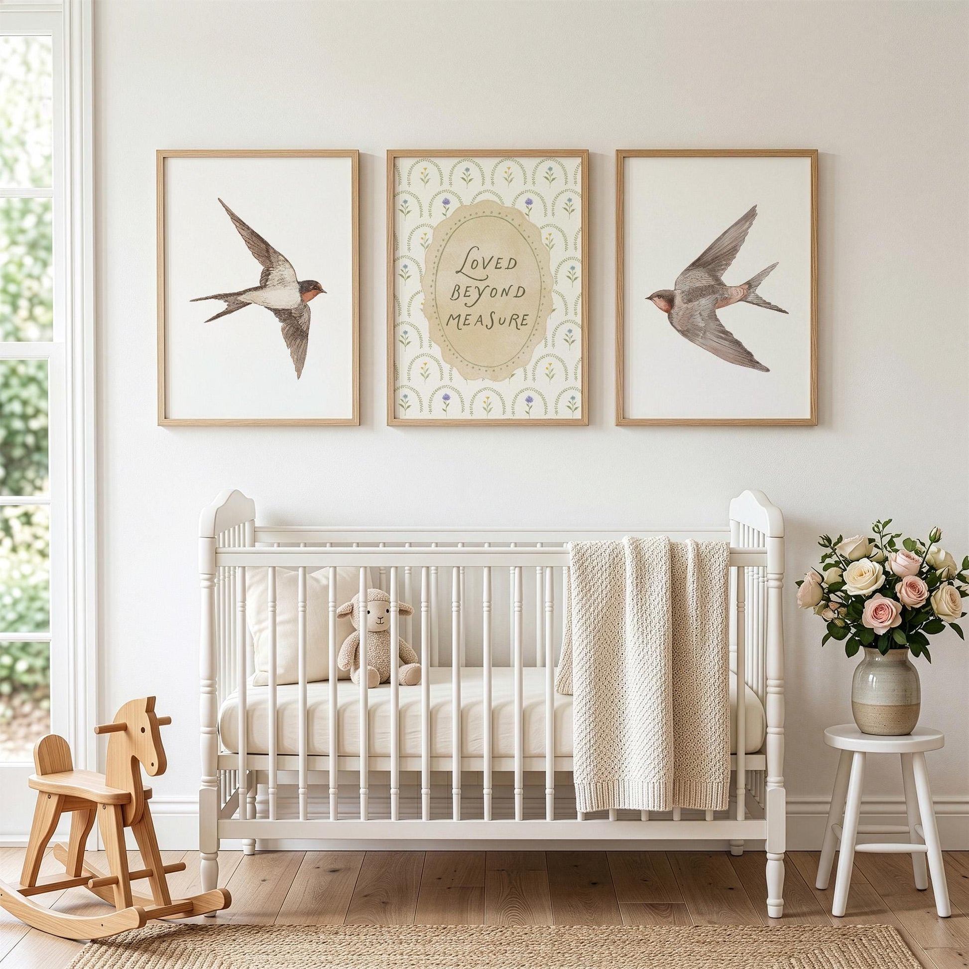 Vintage Bird Nursery Prints, Set of 3, Swallow Loved Beyond Measure Nursery Quote Wall Art