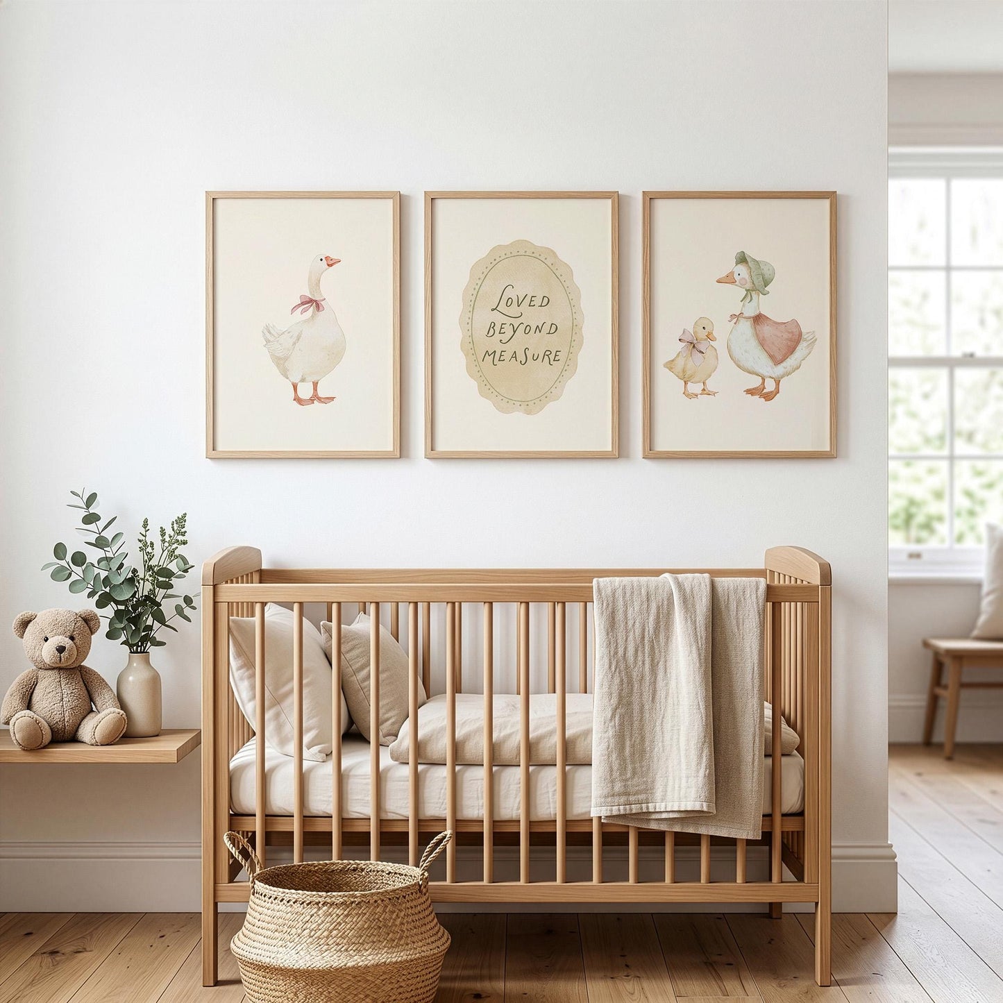 Vintage Goose Nursery Wall Art Set of 3, Duck Prints, Neutral Storybook Baby Room Decor