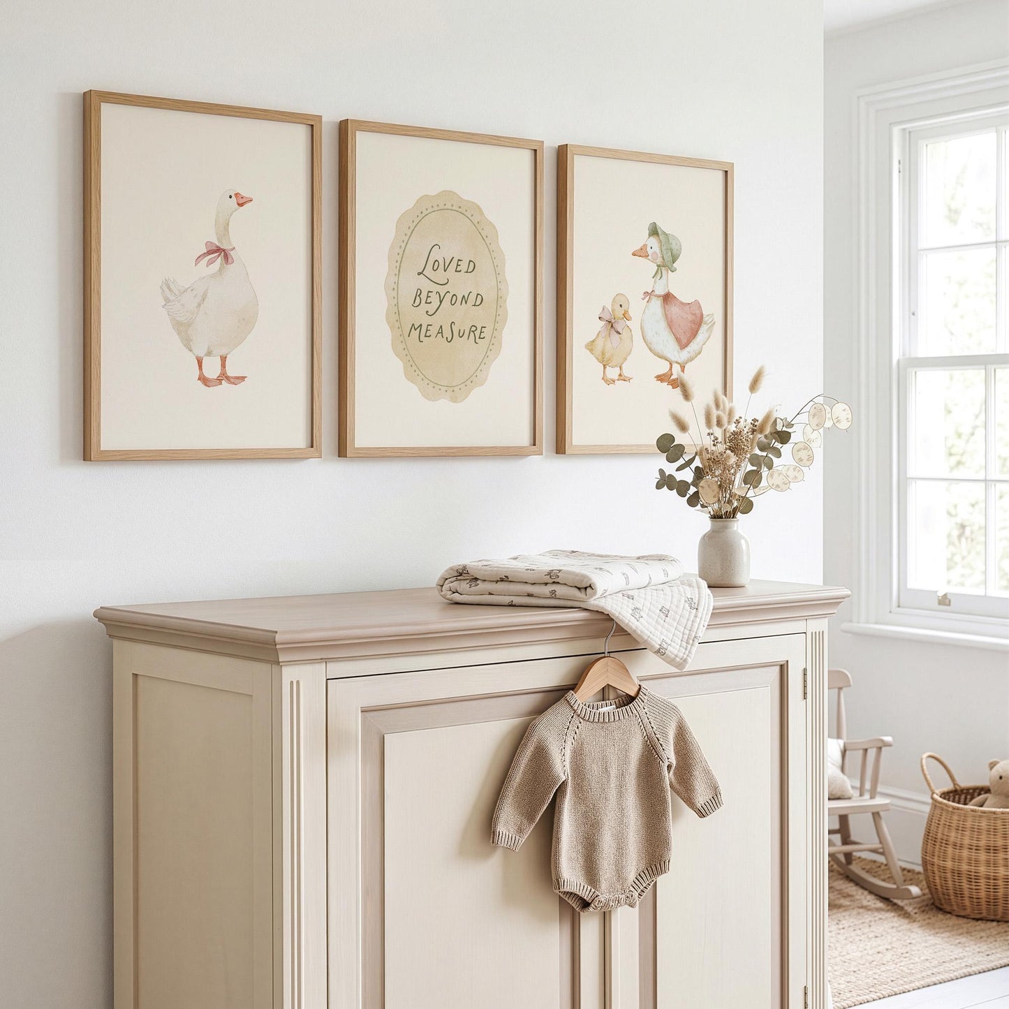 Vintage Goose Nursery Wall Art Set of 3, Duck Prints, Neutral Storybook Baby Room Decor
