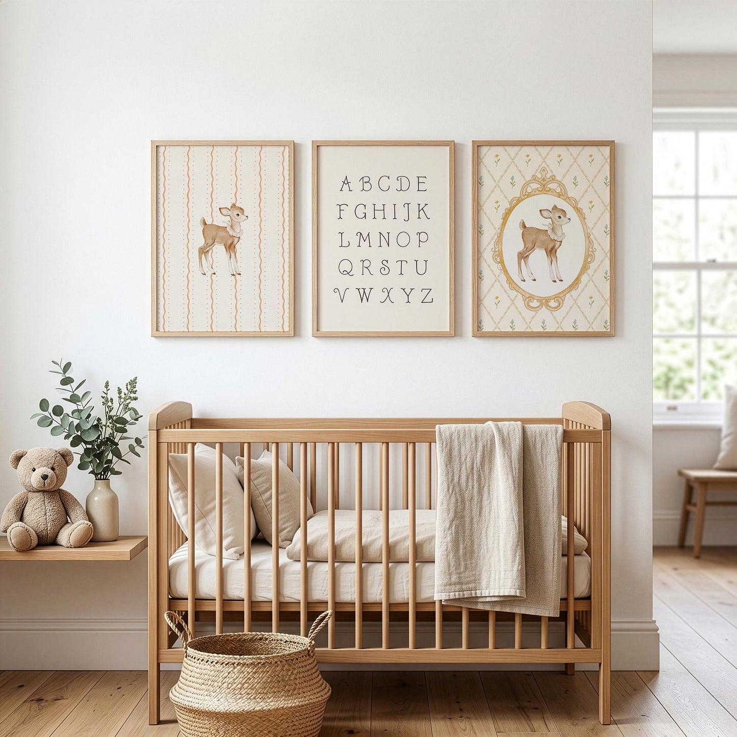 Deer Nursery Wall Art Set of 3 Prints, Vintage Fawn Prints Alphabet ABC Poster, Neutral Baby Room Decor