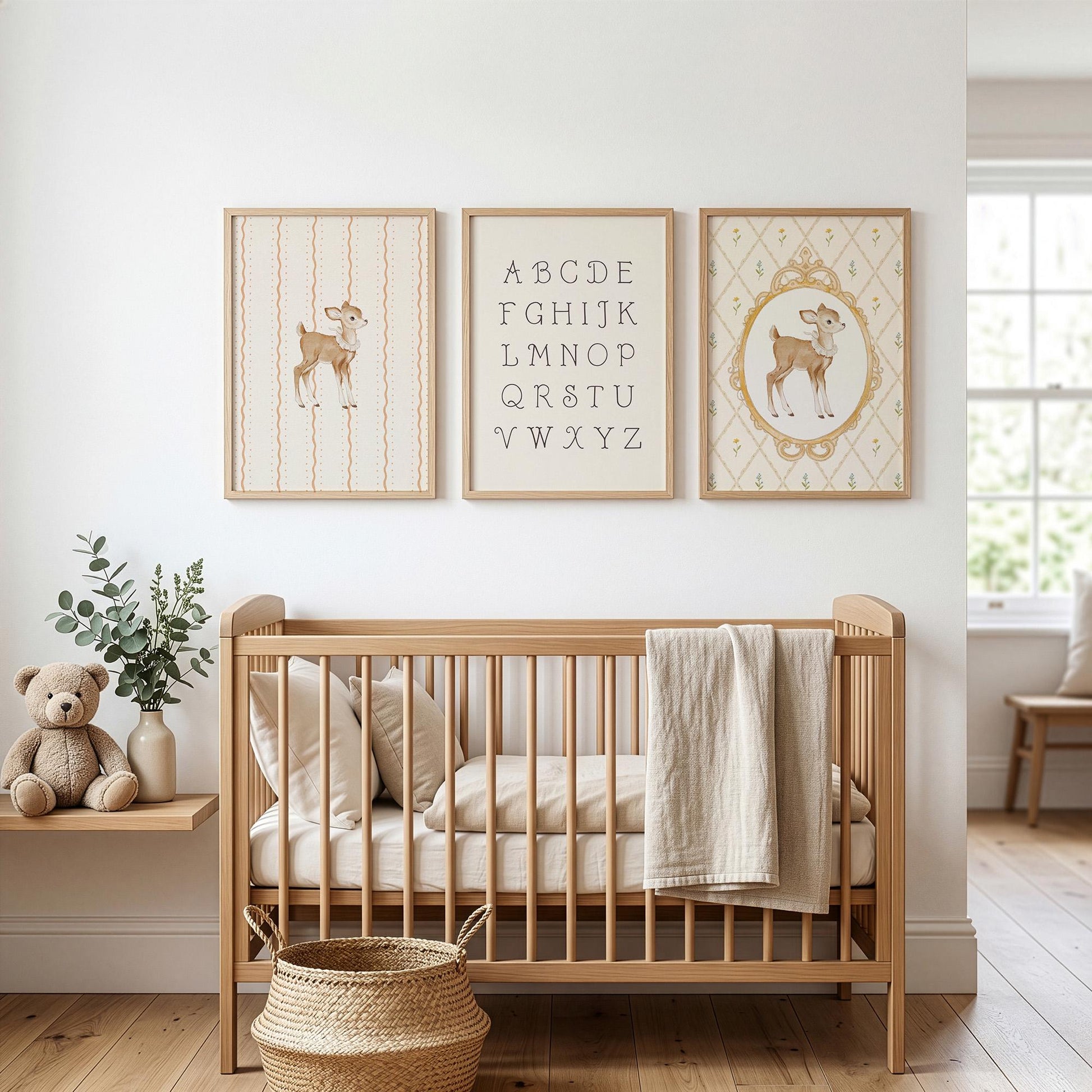 Deer Nursery Wall Art Set of 3 Prints, Vintage Fawn Prints Alphabet ABC Poster, Neutral Baby Room Decor