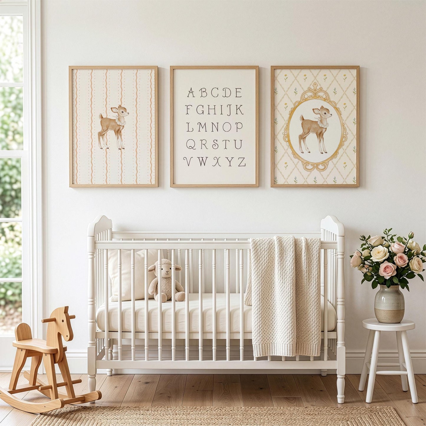 Deer Nursery Wall Art Set of 3 Prints, Vintage Fawn Prints Alphabet ABC Poster, Neutral Baby Room Decor