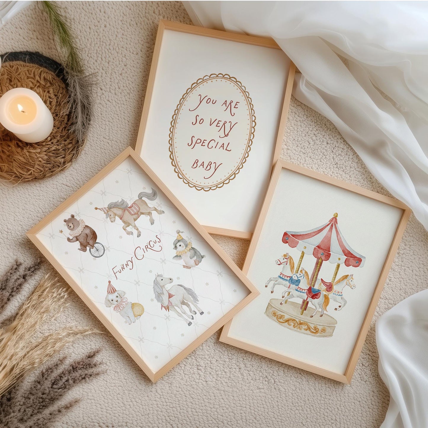 Circus Nursery Wall Art Set of 3 Prints, Vintage Carousel Baby Room Decor, Storybook Nursery