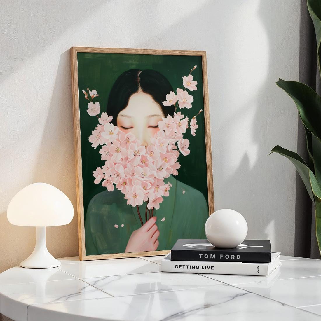 Japanese Wall Art Print, Woman With Cherry Blossom Flowers, Gallery Painting Style (Digital Download)