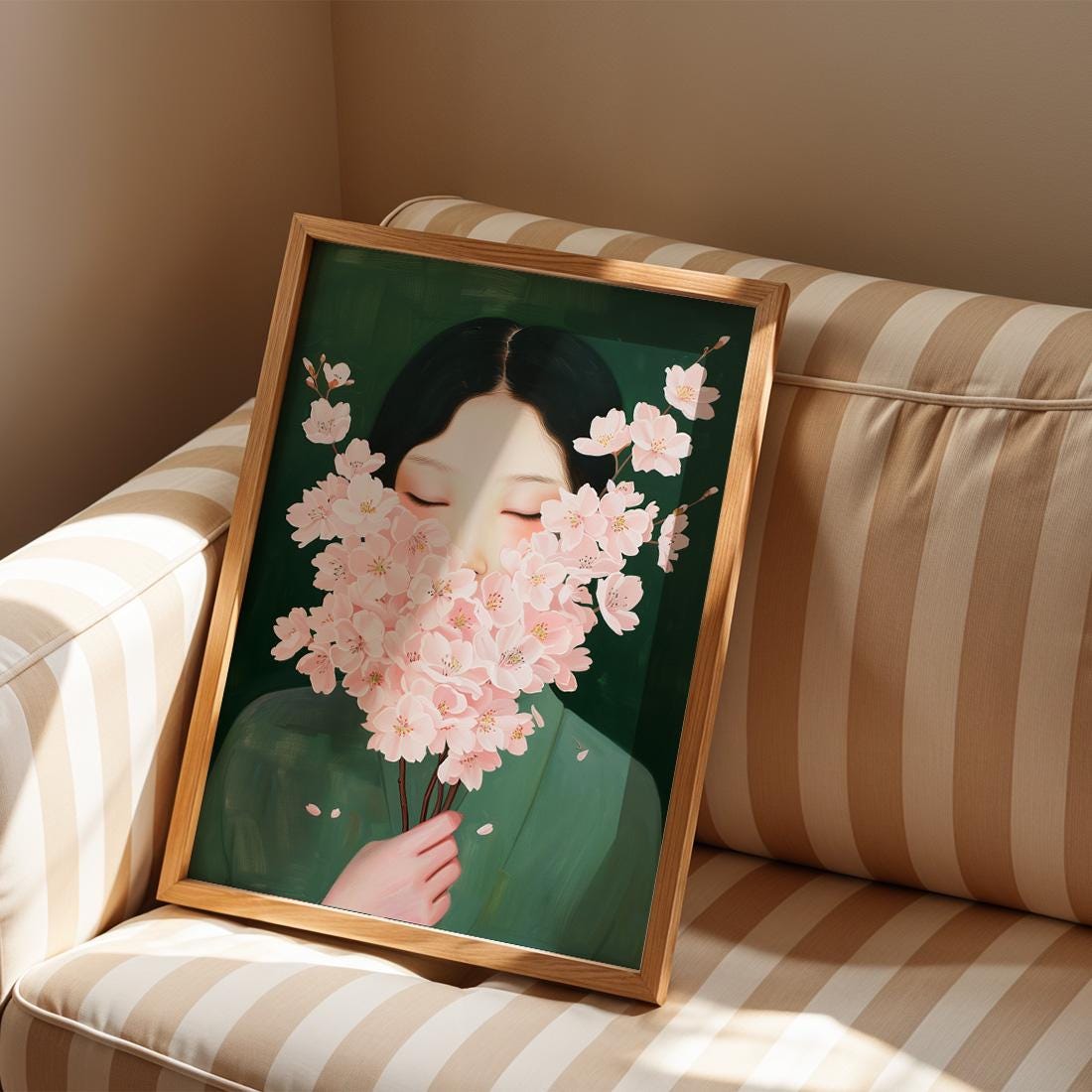 Japanese Wall Art Print, Woman With Cherry Blossom Flowers, Gallery Painting Style (Digital Download)