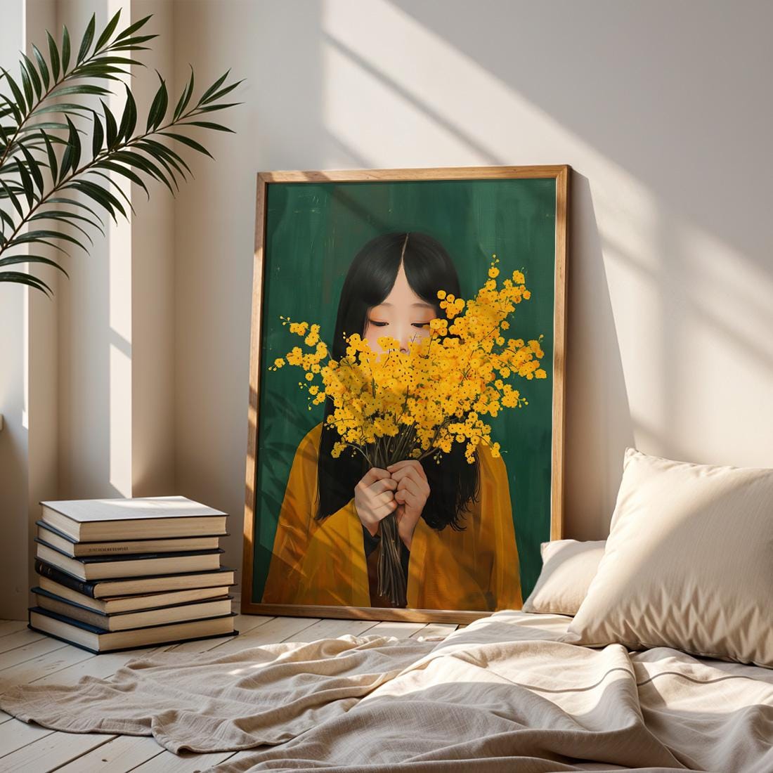 Mimosa Flower Japanese Wall Art Print, Woman Portrait Botanical Poster (Digital Download)