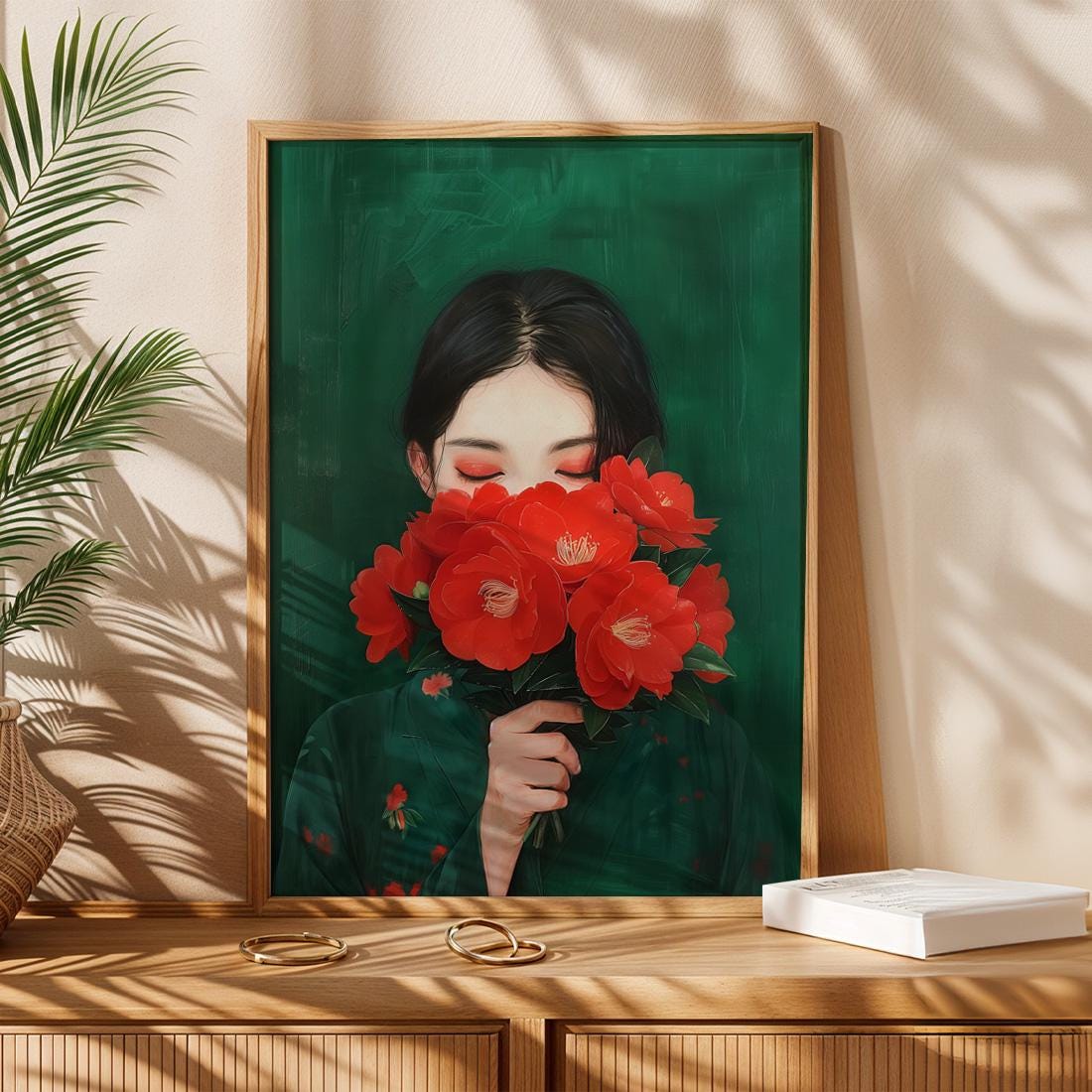 Japanese Red Camellia Flower Portrait Print, Minimalist Botanical Wall Art (Digital Download)