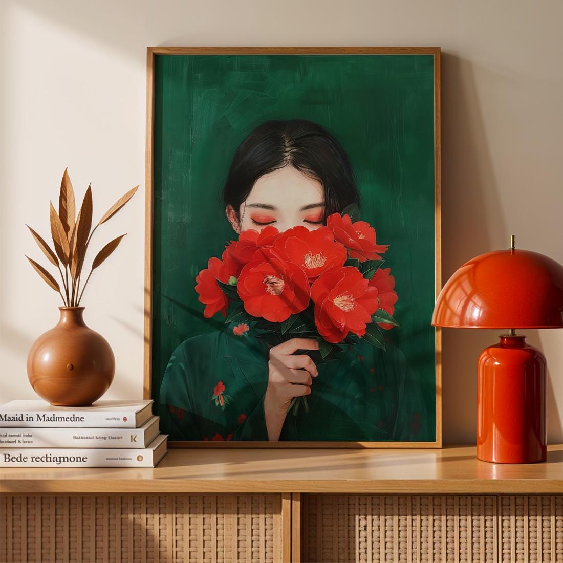 Japanese Red Camellia Flower Portrait Print, Minimalist Botanical Wall Art (Digital Download)