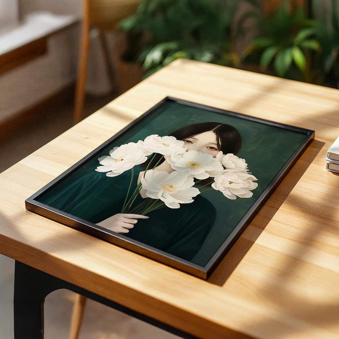 Japanese White Anemone Flower Woman Print, Minimalist Botanical Wall Art (Digital Download)