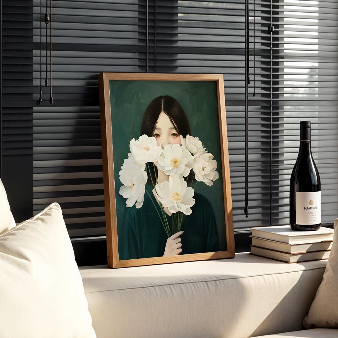 Japanese White Anemone Flower Woman Print, Minimalist Botanical Wall Art (Digital Download)