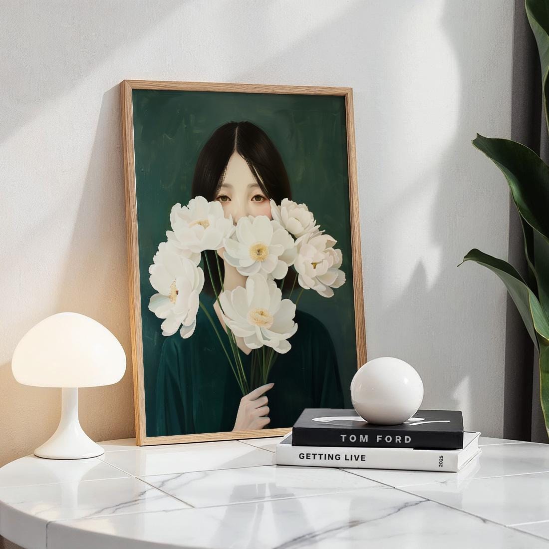 Japanese White Anemone Flower Woman Print, Minimalist Botanical Wall Art (Digital Download)