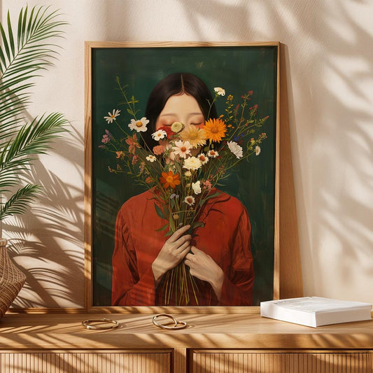Japanese Wildflower Wall Art Print, Minimalist Botanical Woman Portrait Poster (Digital Download)