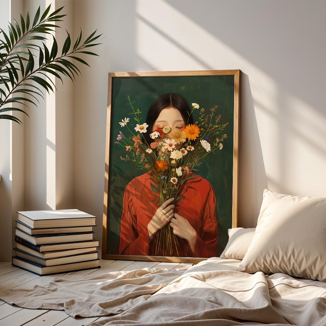 Japanese Wildflower Wall Art Print, Minimalist Botanical Woman Portrait Poster (Digital Download)
