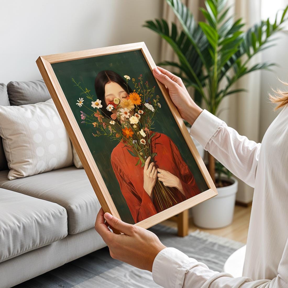 Japanese Wildflower Wall Art Print, Minimalist Botanical Woman Portrait Poster (Digital Download)
