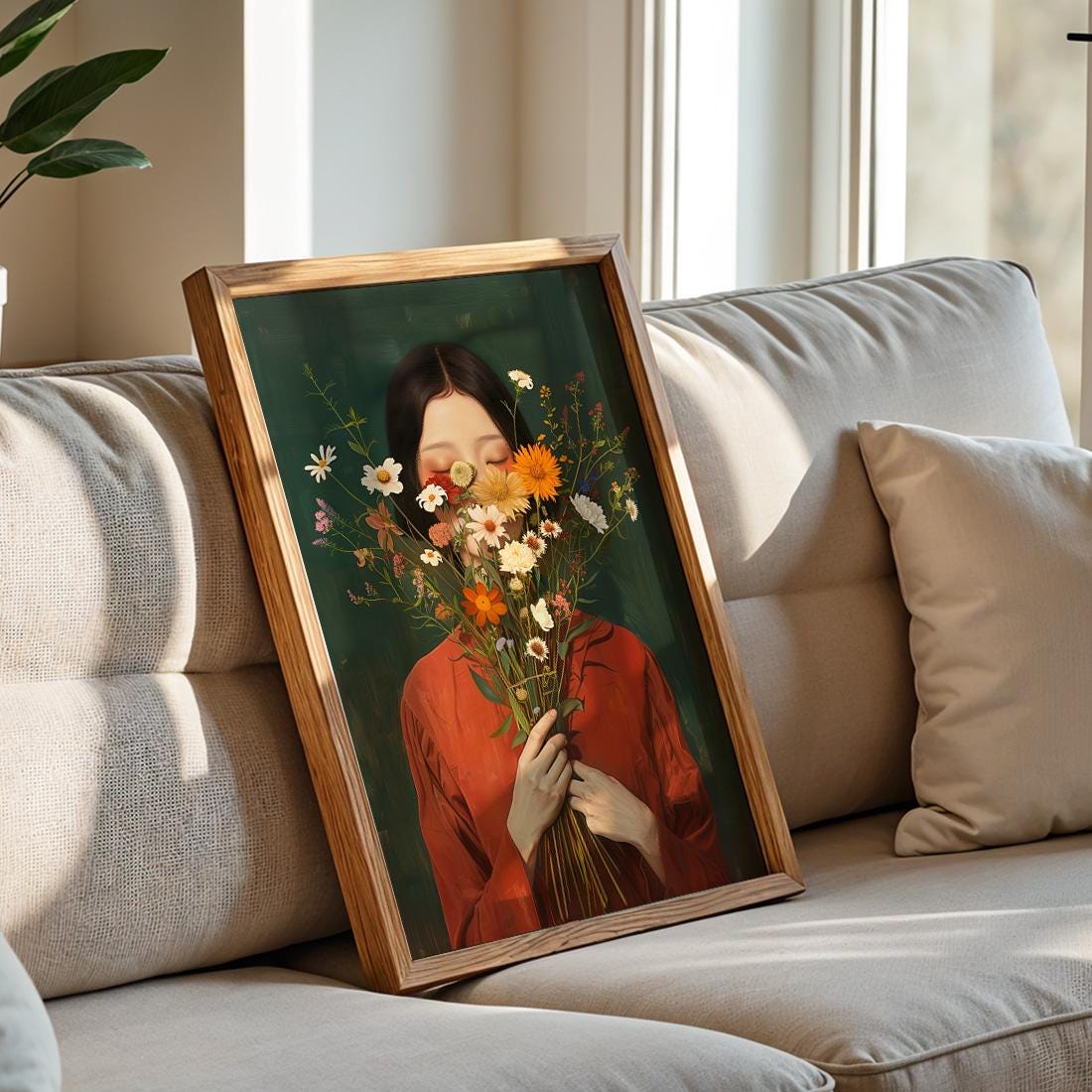 Japanese Wildflower Wall Art Print, Minimalist Botanical Woman Portrait Poster (Digital Download)