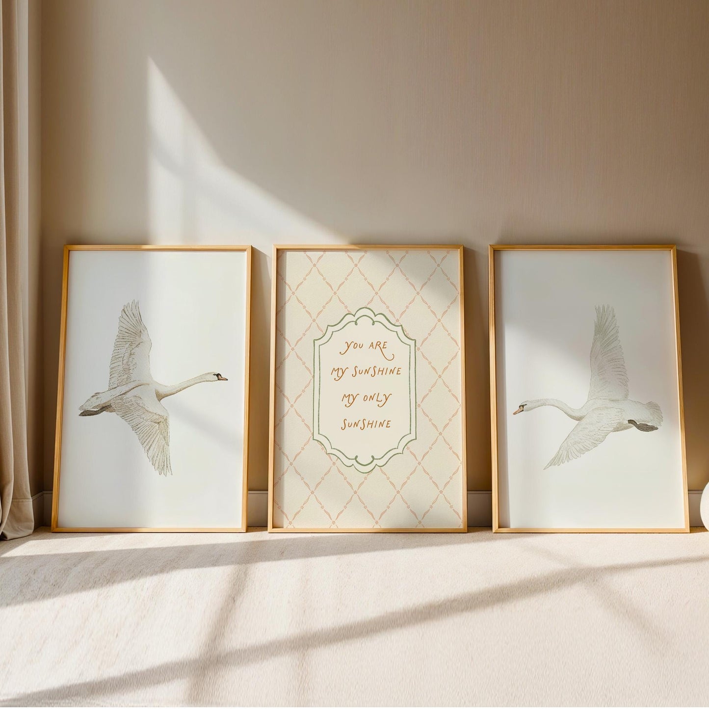 Swan Nursery Wall Art Set of 3 Prints, Vintage You Are My Sunshine Quote, Neutral Baby Room Decor