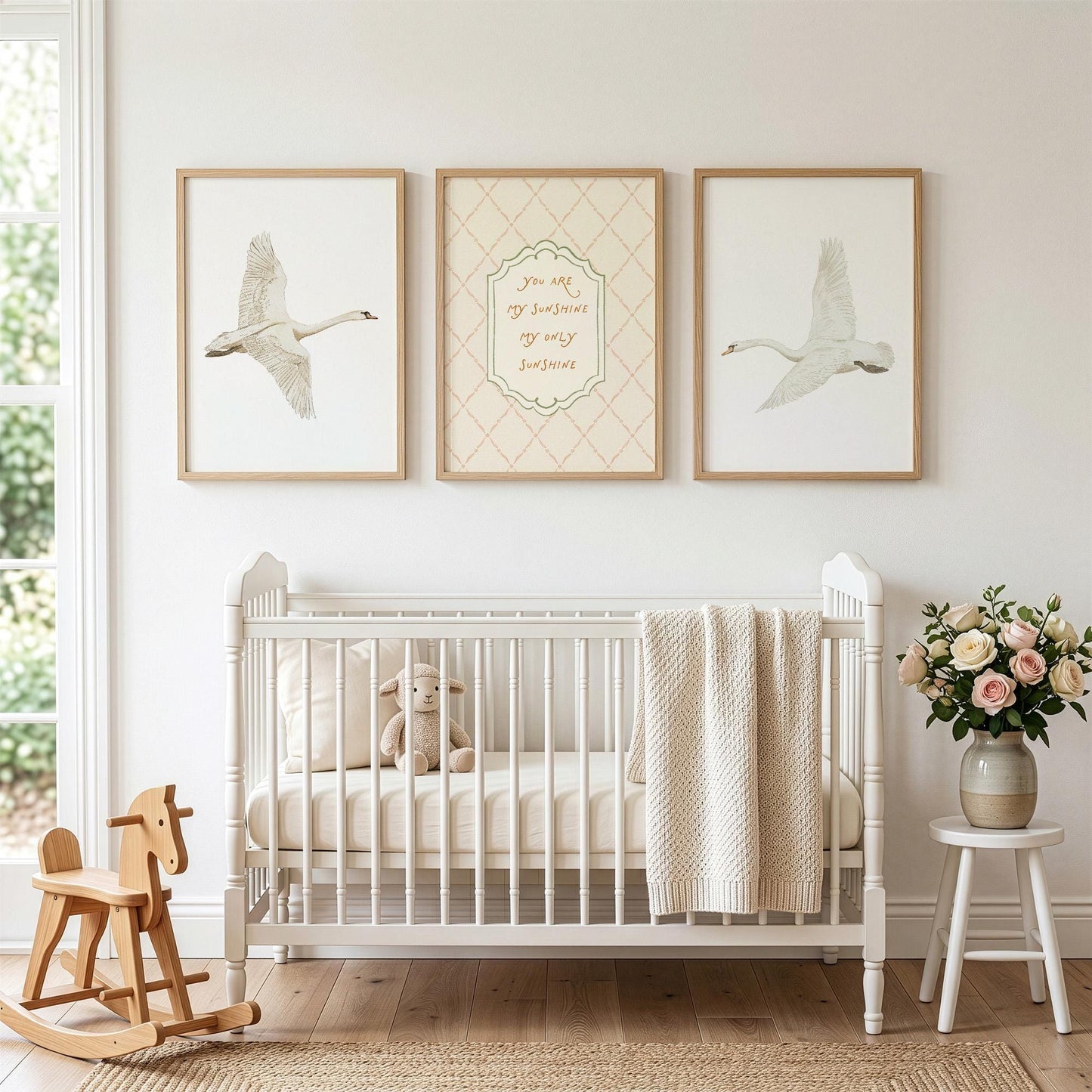 Swan Nursery Wall Art Set of 3 Prints, Vintage You Are My Sunshine Quote, Neutral Baby Room Decor