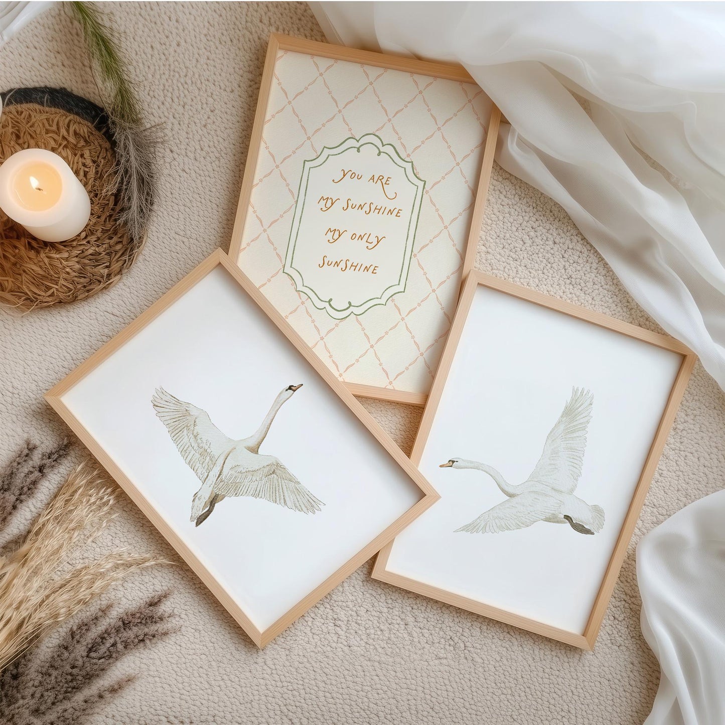 Swan Nursery Wall Art Set of 3 Prints, Vintage You Are My Sunshine Quote, Neutral Baby Room Decor