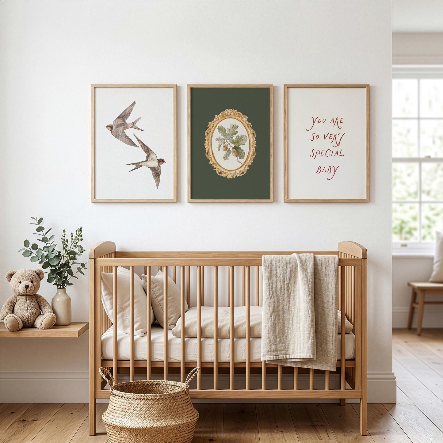 Olive Green Botanical Nursery Prints - Set of 3 - Vintage Swallow Bird Nursery Wall Art