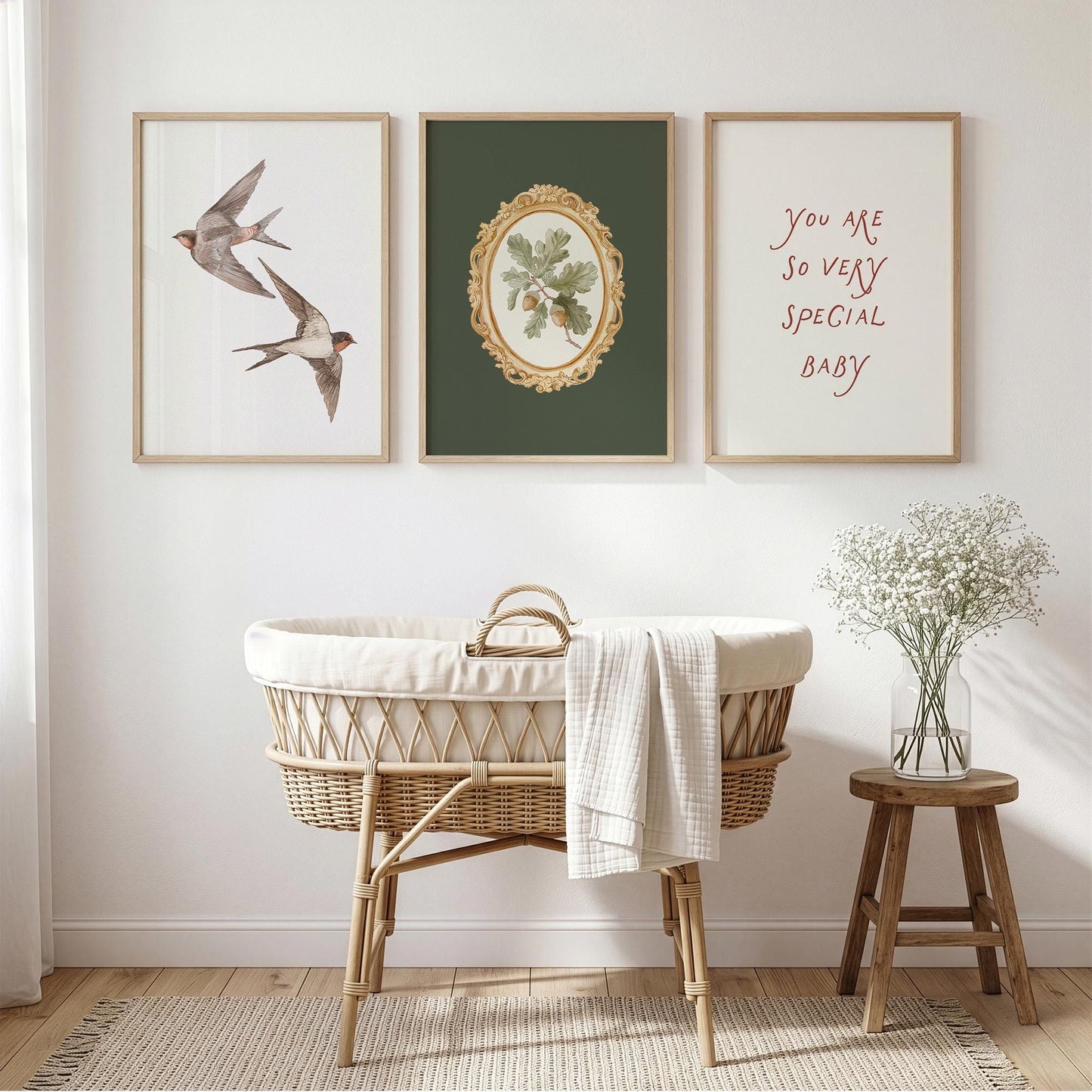 Olive Green Botanical Nursery Prints - Set of 3 - Vintage Swallow Bird Nursery Wall Art