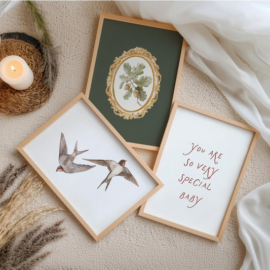 Olive Green Botanical Nursery Prints - Set of 3 - Vintage Swallow Bird Nursery Wall Art