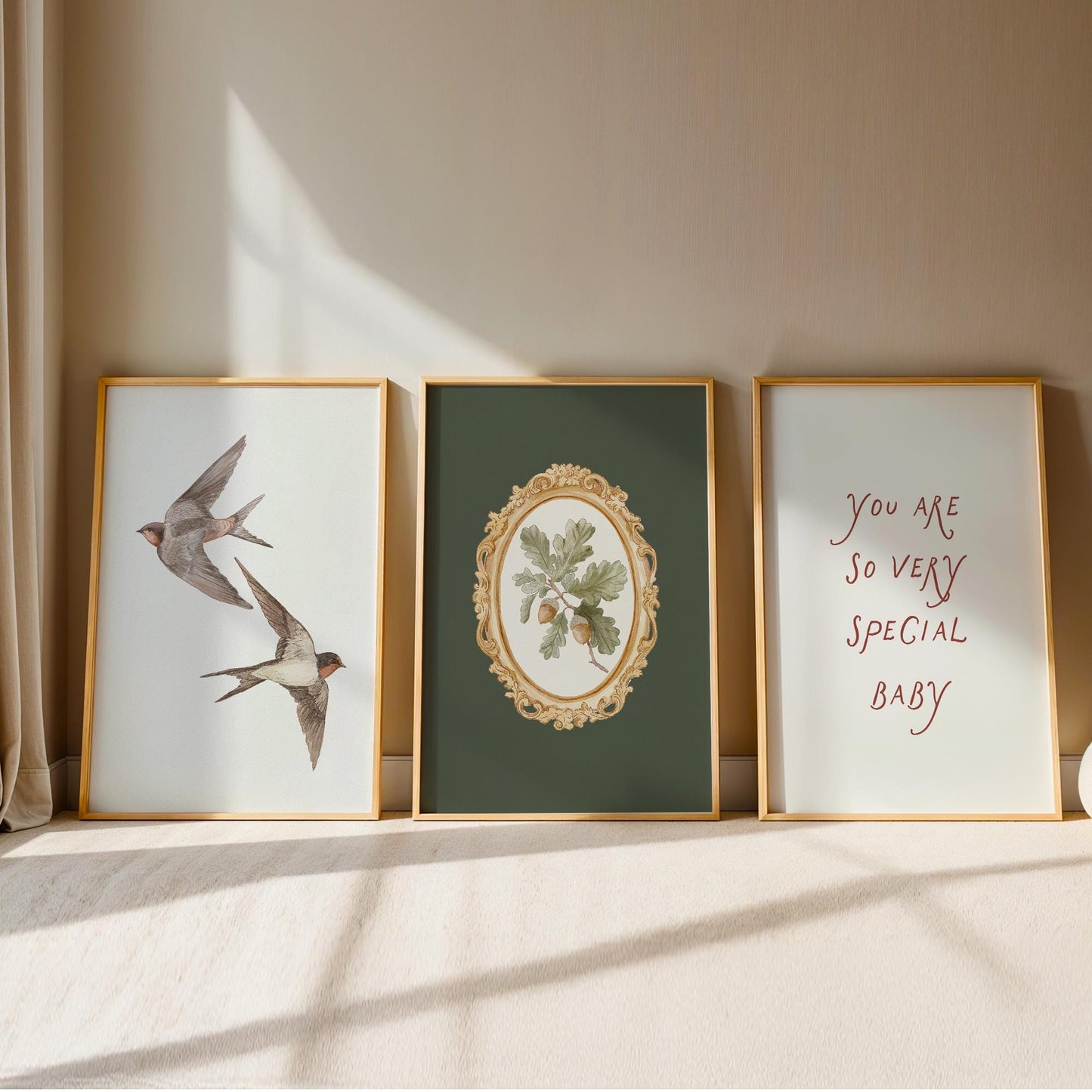 Olive Green Botanical Nursery Prints - Set of 3 - Vintage Swallow Bird Nursery Wall Art